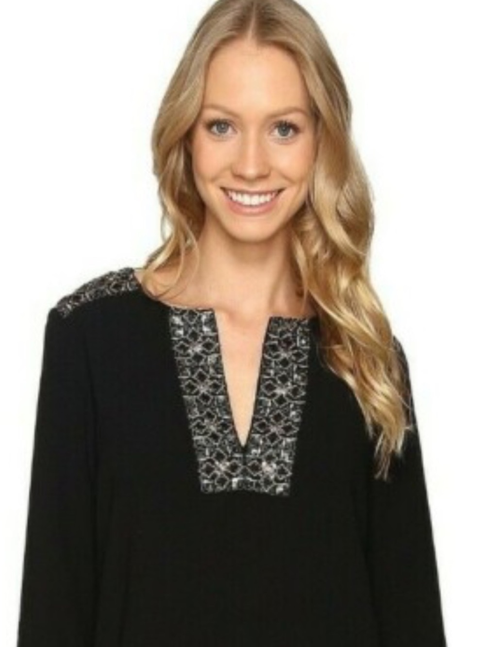 New York & Company Black Long Sleeve V-Neck Top with Embellished Trim